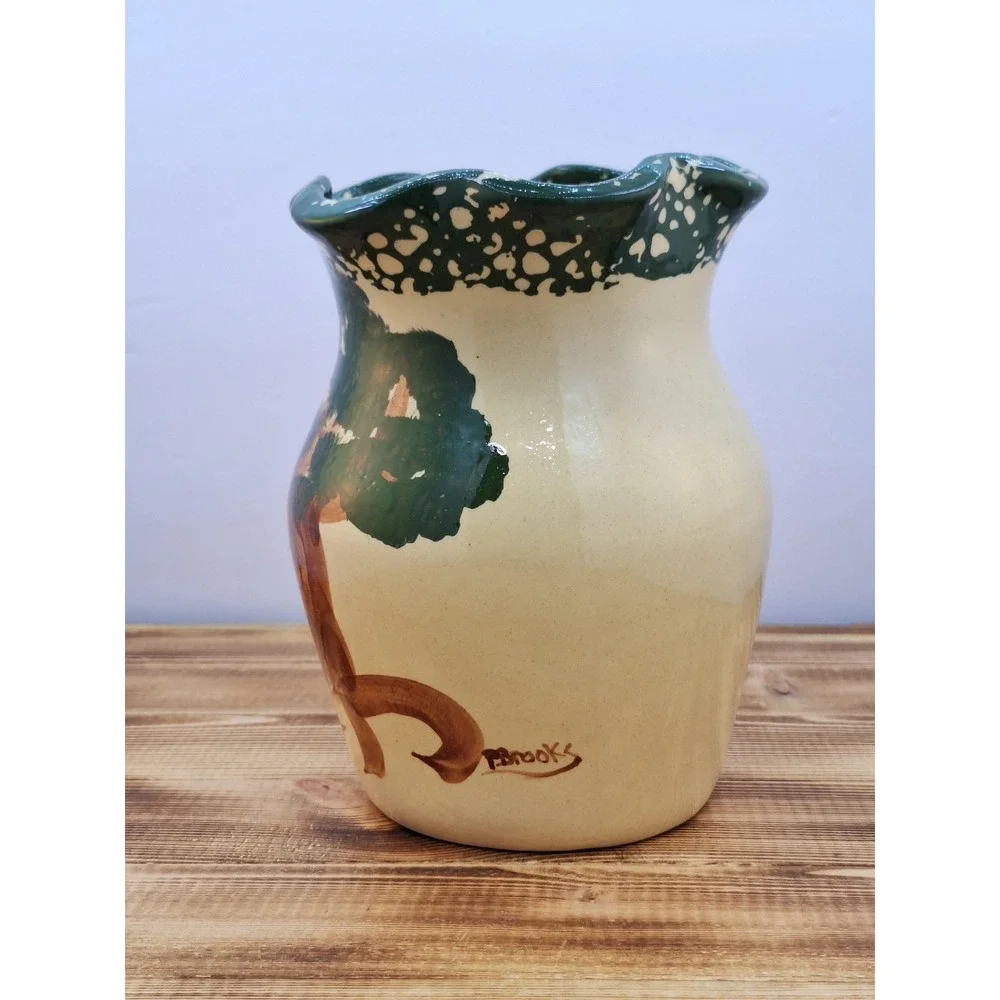 Crooksville Ohio Apple Tree Pottery Crock Vase Ruffled Edge Hand Painted 08 7x5